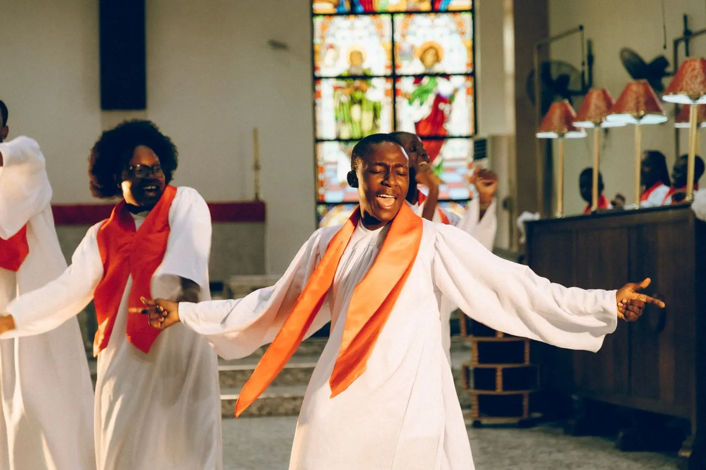 A church choir singing during a service